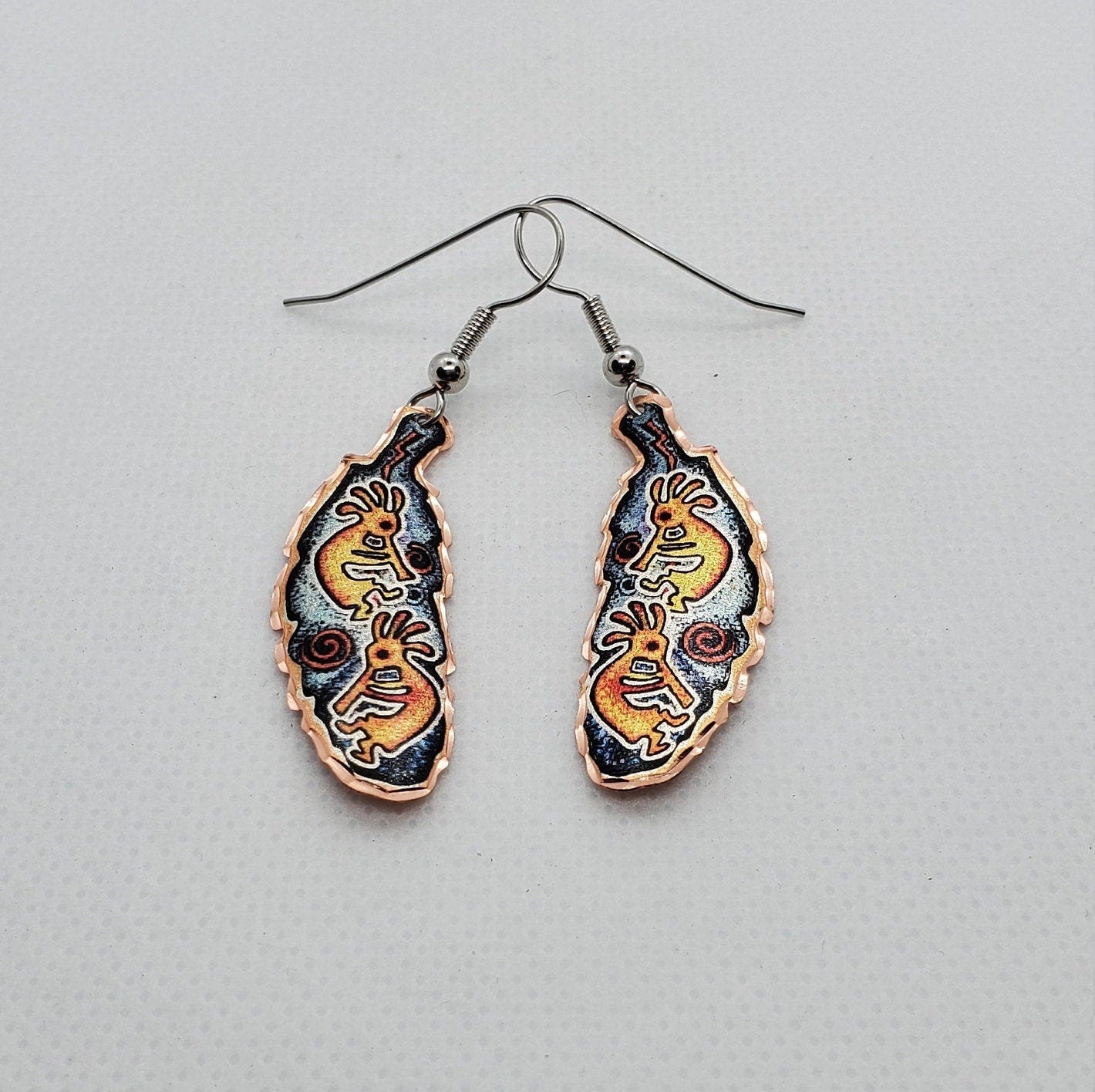 EA-Kokopelli Copper Earrings - Beautiful COPPER earrings - Surgical Steel Hypo Allergenic Earwires.