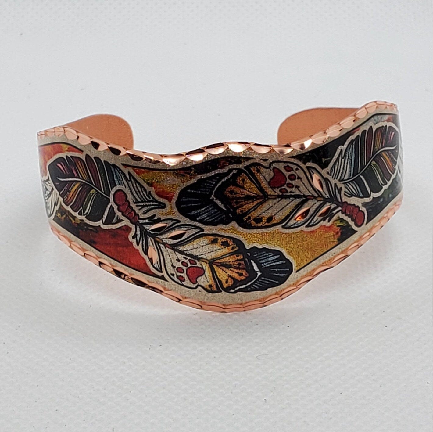 BR - Colorful Native Inspired Copper Feather - Beautiful adjustable COPPER cuff bracelet.