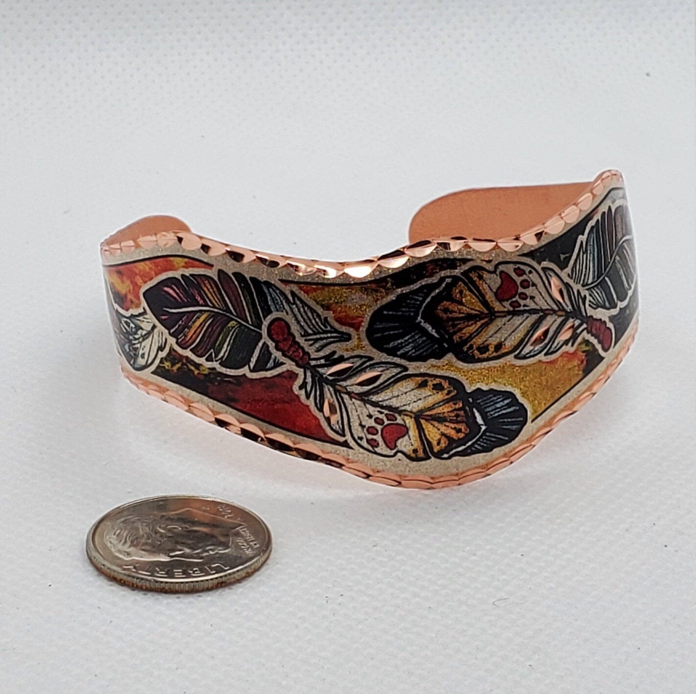 BR - Colorful Native Inspired Copper Feather - Beautiful adjustable COPPER cuff bracelet.