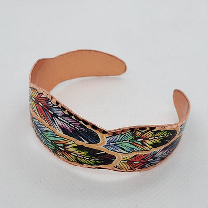 BR - Colorful Native Inspired Copper Feather - Beautiful adjustable COPPER cuff bracelet.