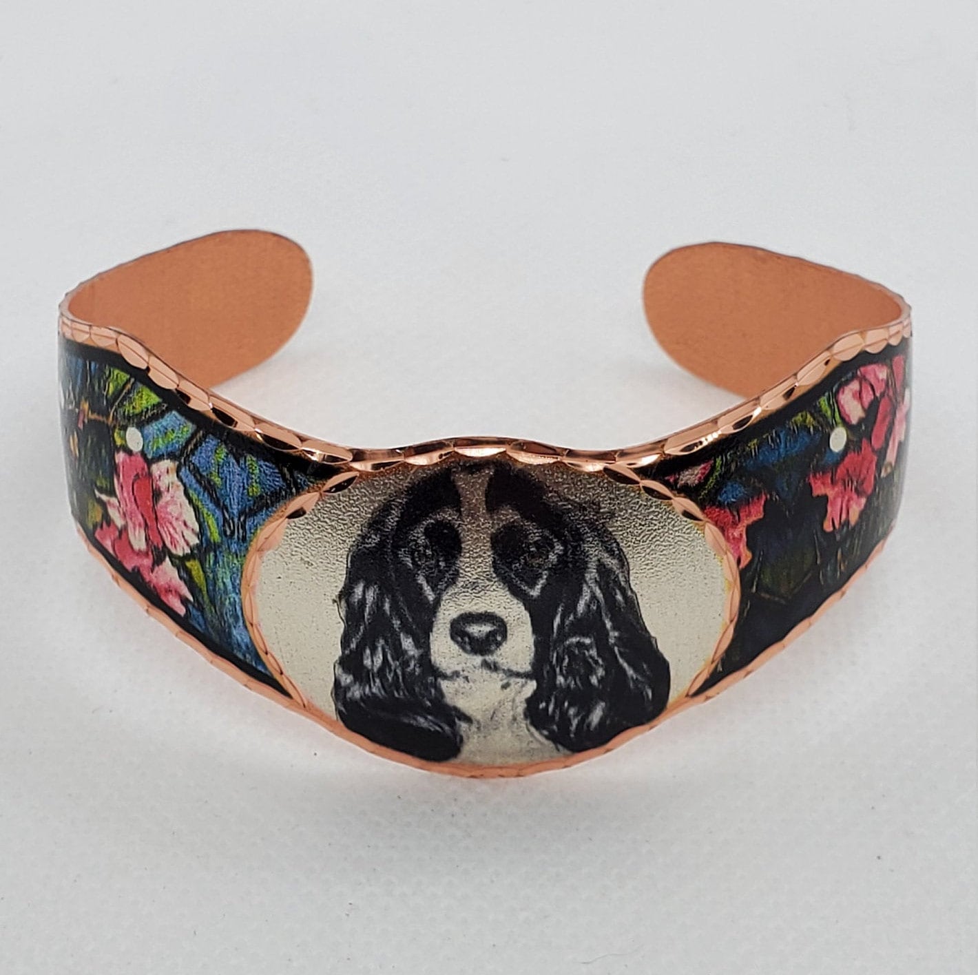 BR - Black/White Cocker Spaniel Bracelet - Beautiful adjustable COPPER cuff bracelet.