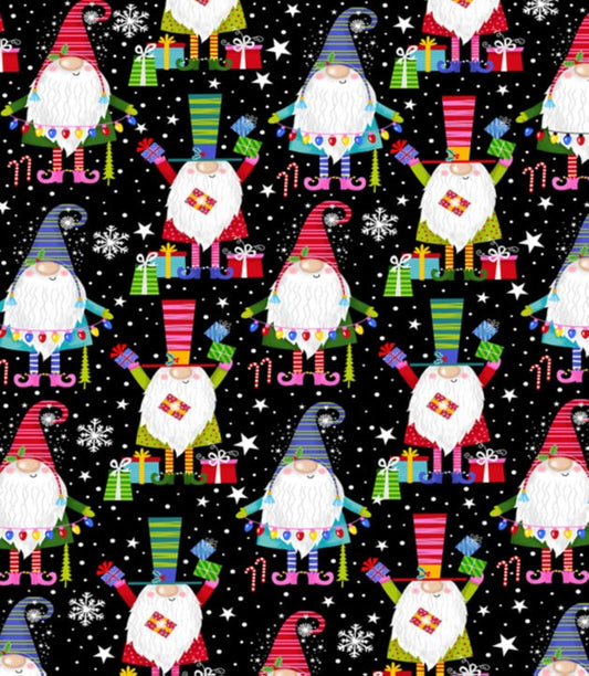 Christmas Party Gnomes w/Glitter fabric by the half yard. 100% Cotton.