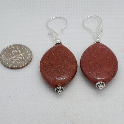 Red Ocean Jasper Earrings, Silver Filled Earring Wire