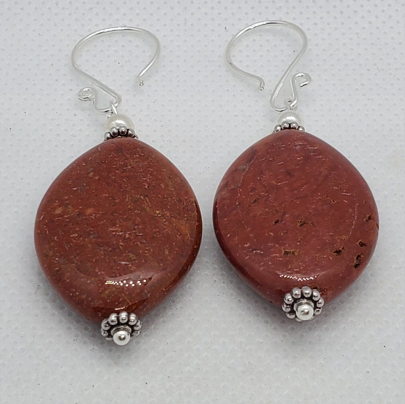 Red Ocean Jasper Earrings, Silver Filled Earring Wire