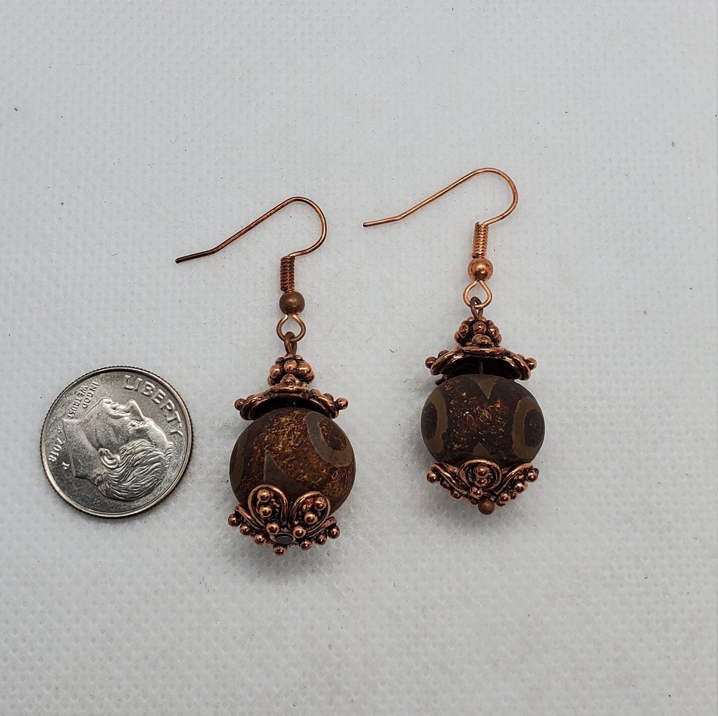 Brown DZI Agate 10x13mm Earrings, Copper Earring Wire