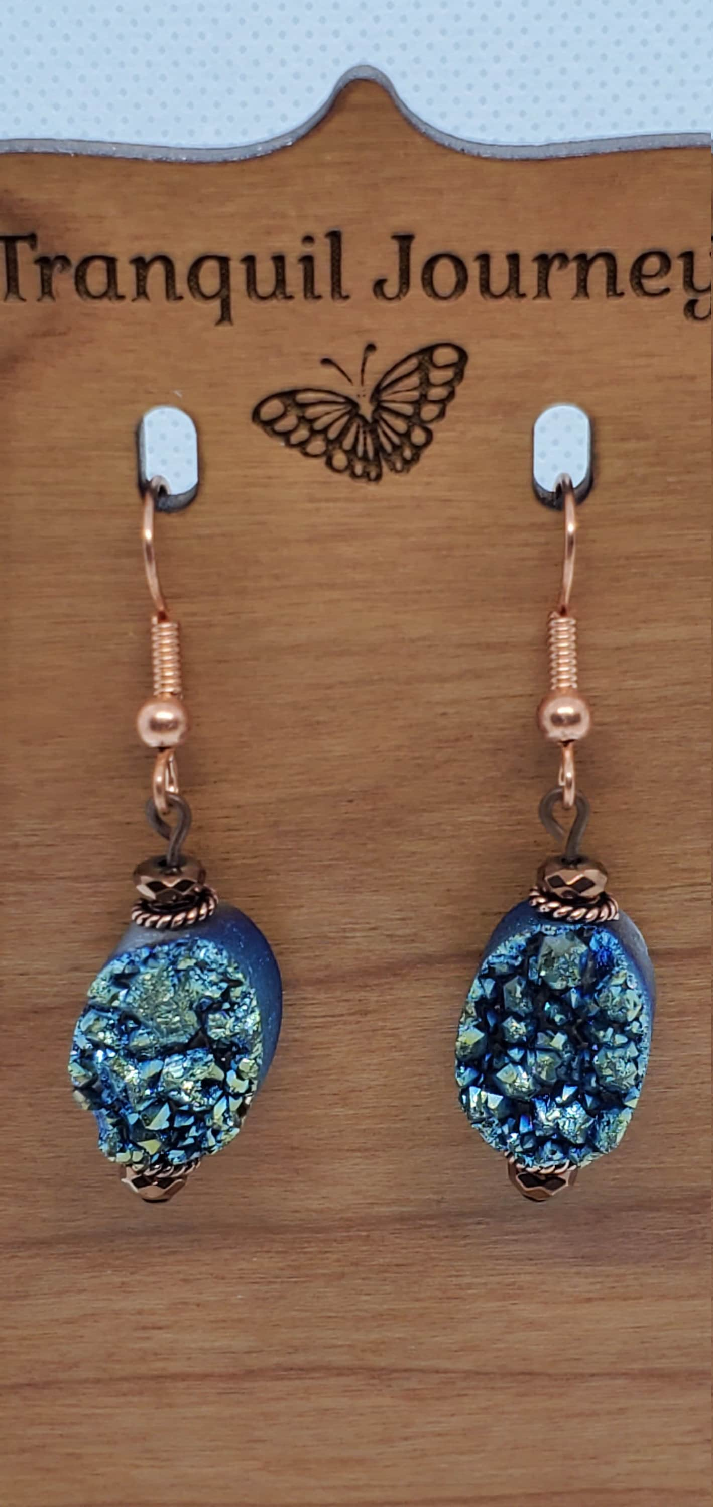 Green Druzy Agate 10x14mm Earrings, Copper Earring Wire