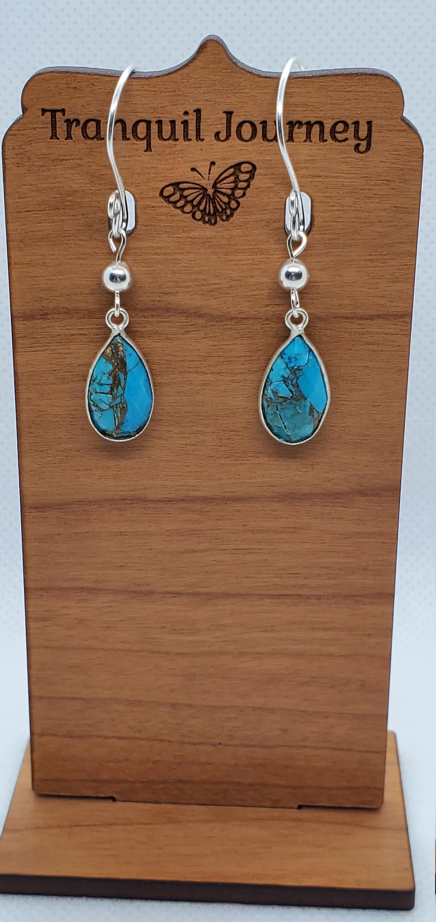 Copper Turquoise 9x18 mm Earrings, Silver Filled Earring Wire