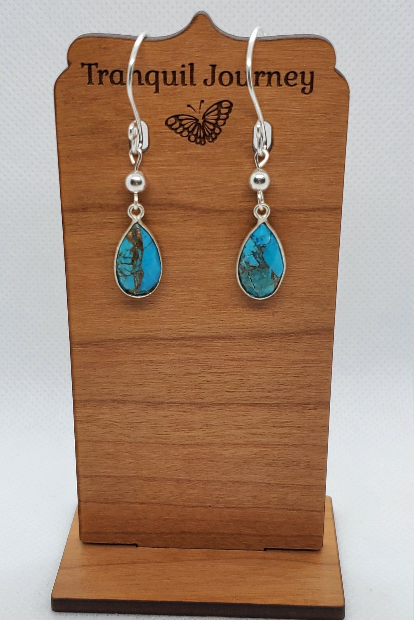 Copper Turquoise 9x18 mm Earrings, Silver Filled Earring Wire