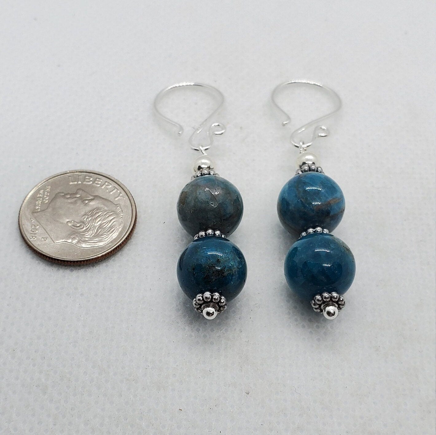 Blue Apatite A grade 10 mm Earrings, Silver Filled Earring Wire