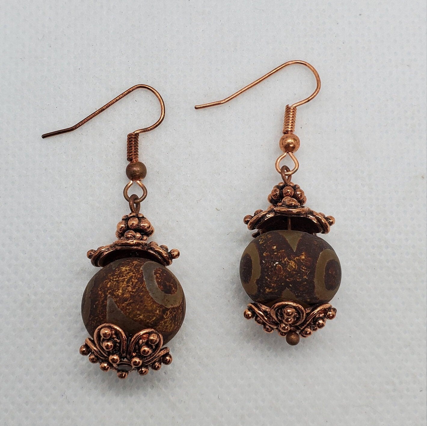 Brown DZI Agate 10x13mm Earrings, Copper Earring Wire