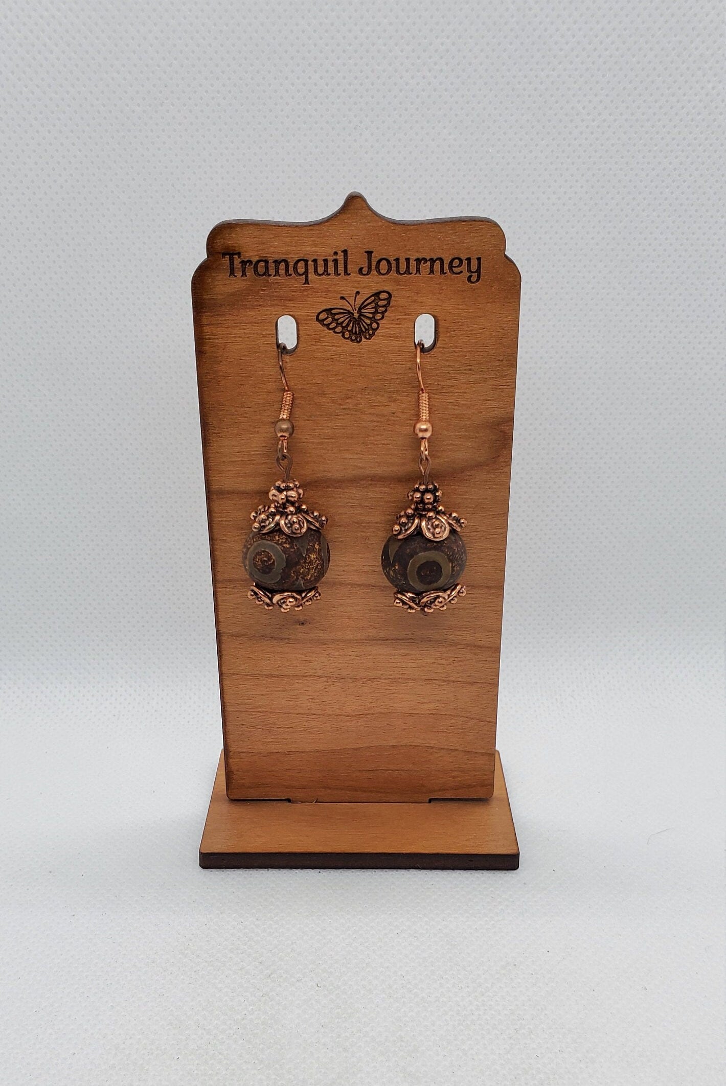 Brown DZI Agate 10x13mm Earrings, Copper Earring Wire