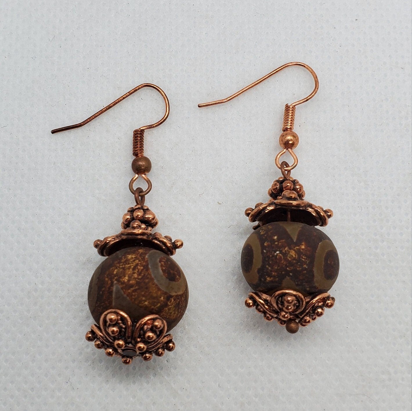 Brown DZI Agate 10x13mm Earrings, Copper Earring Wire