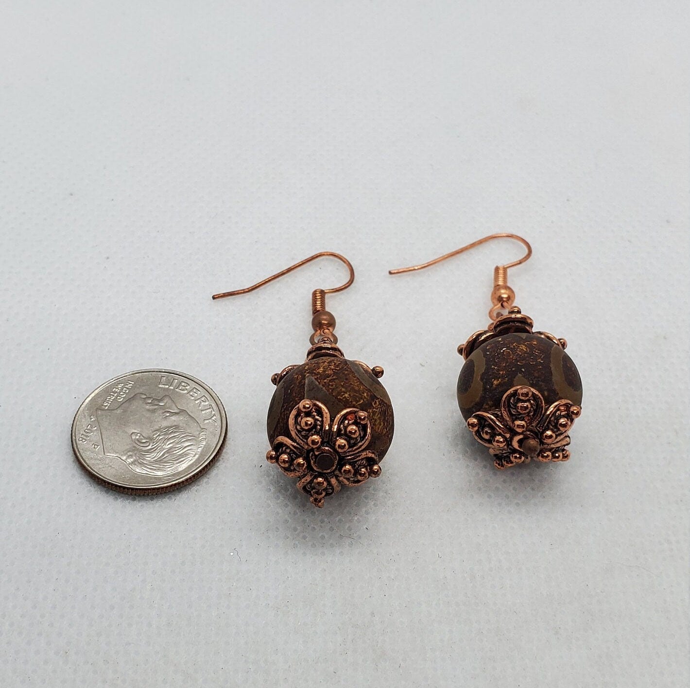 Brown DZI Agate 10x13mm Earrings, Copper Earring Wire