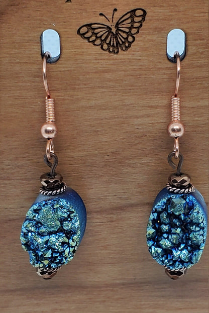 Green Druzy Agate 10x14mm Earrings, Copper Earring Wire