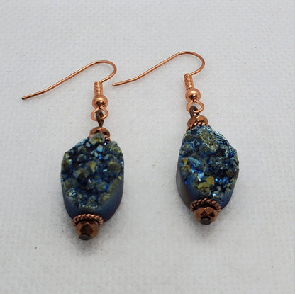 Green Druzy Agate 10x14mm Earrings, Copper Earring Wire