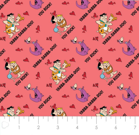 Flintstones Pun Love Valentines Day Fabric by the half yard. 100% Cotton. Fred Wilma Barney Betty Dino