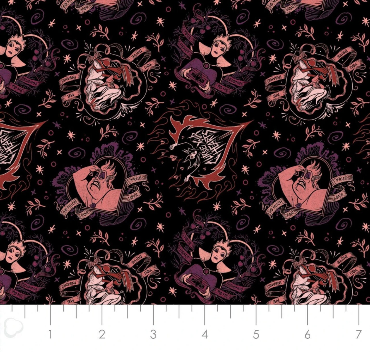 Disney Villains Valentines Day Cursed Hearts Fabric by the half yard. 100% Cotton. MALIFICENT URSULA EVILQUEEN Cruella