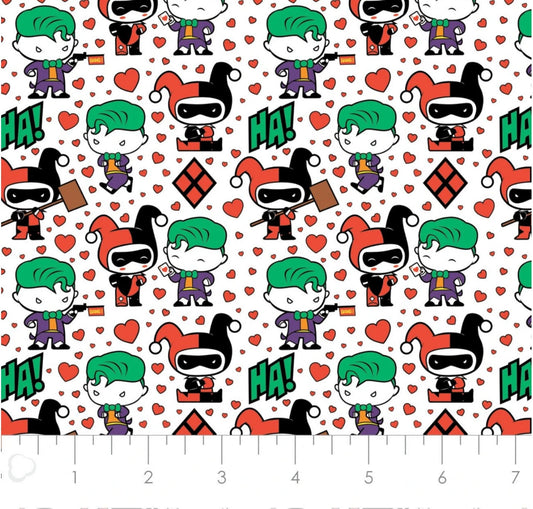 Harley Quinn and Joker Dc Comics Valentines Day Fabric by the half yard. 100% Cotton. HARLEY QUINN JOKER