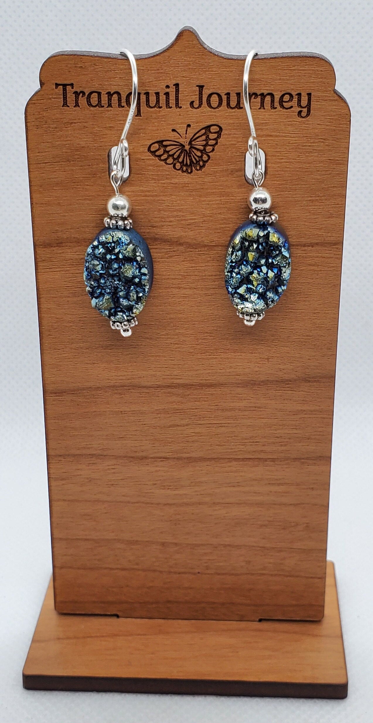 Green Druzy Agate 10x14mm Earrings, Silver Filled Earring Wire