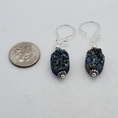 Green Druzy Agate 10x14mm Earrings, Silver Filled Earring Wire