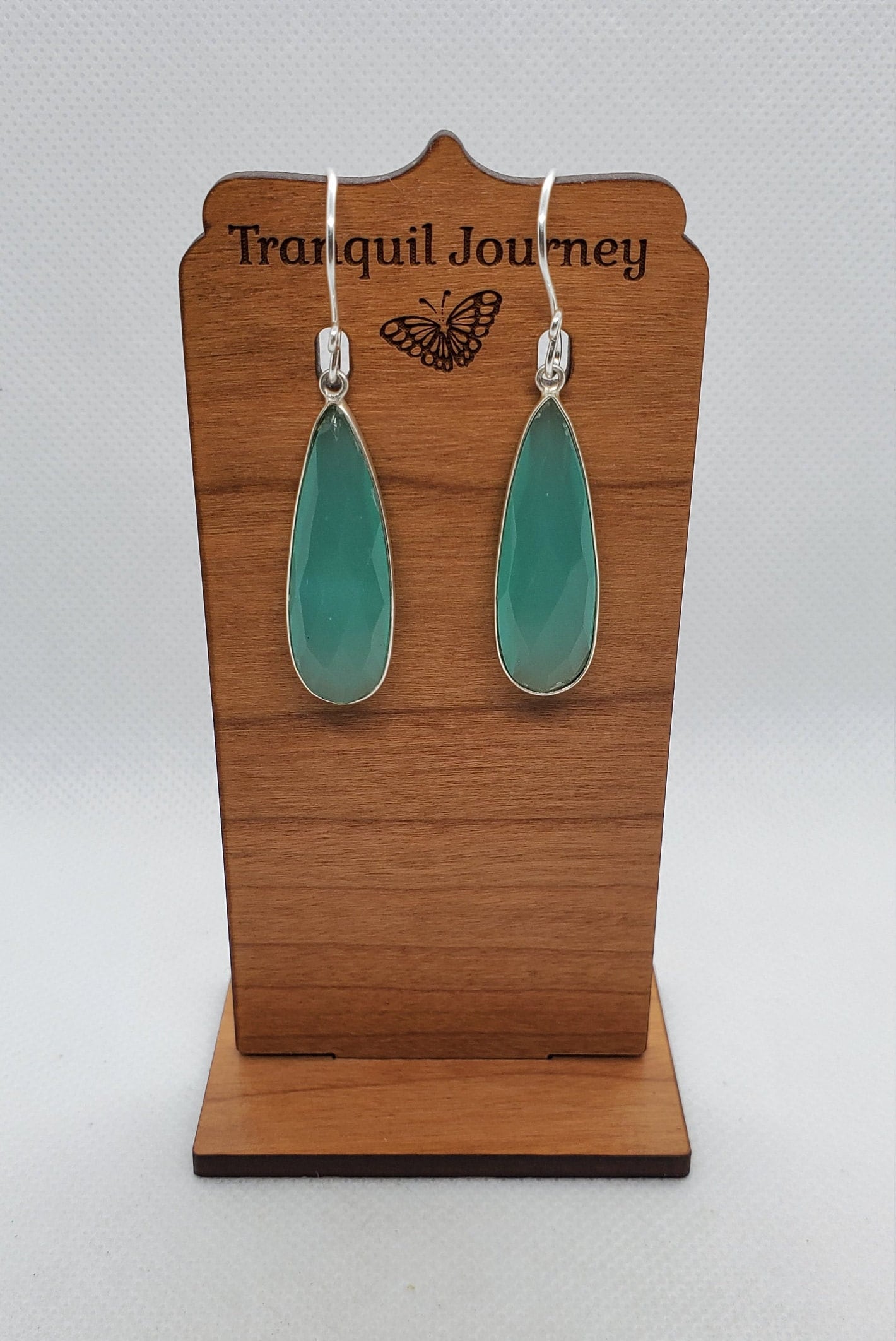 Aqua Chalcedony 12x34 mm Earrings, Silver Filled Earring Wire