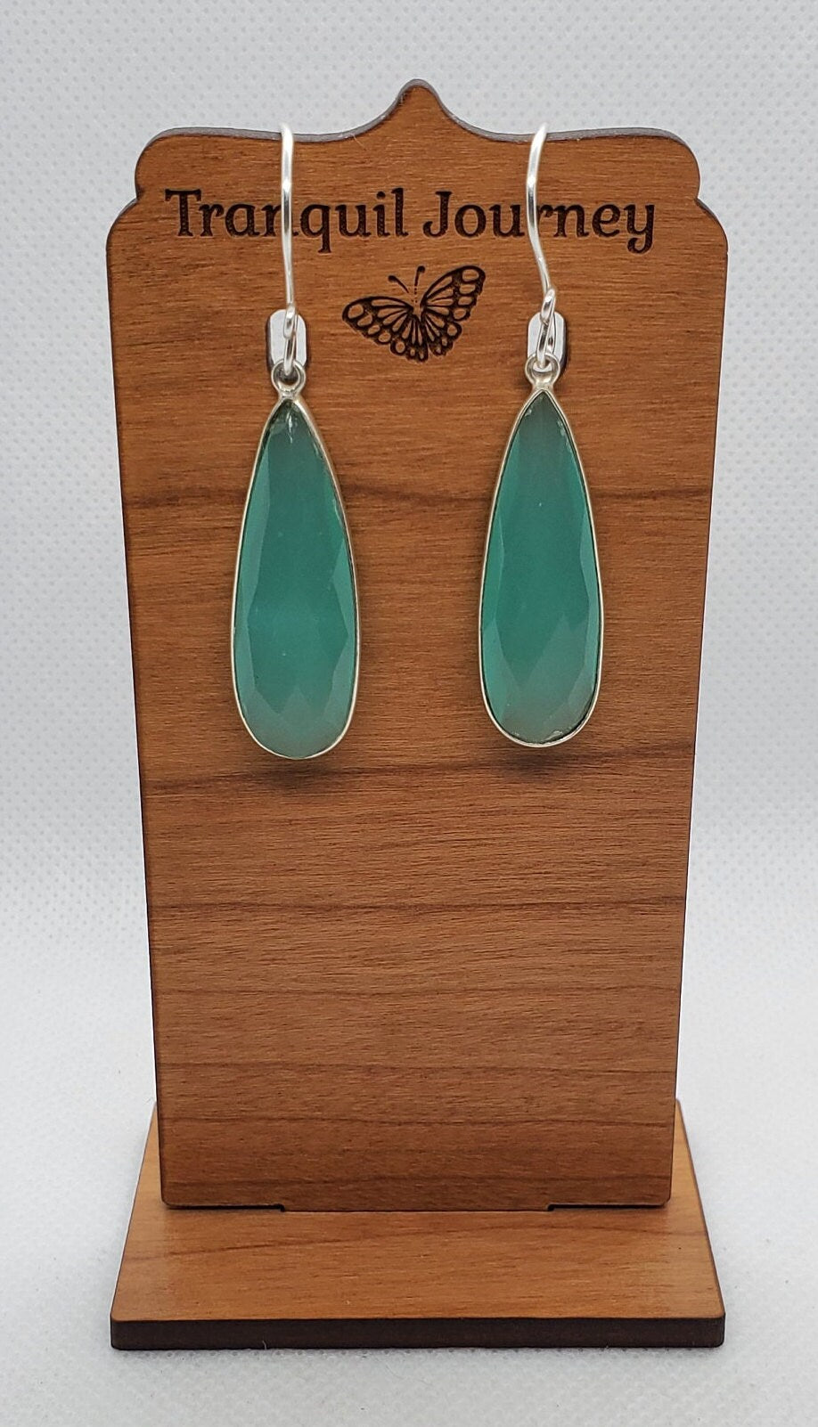 Aqua Chalcedony 12x34 mm Earrings, Silver Filled Earring Wire