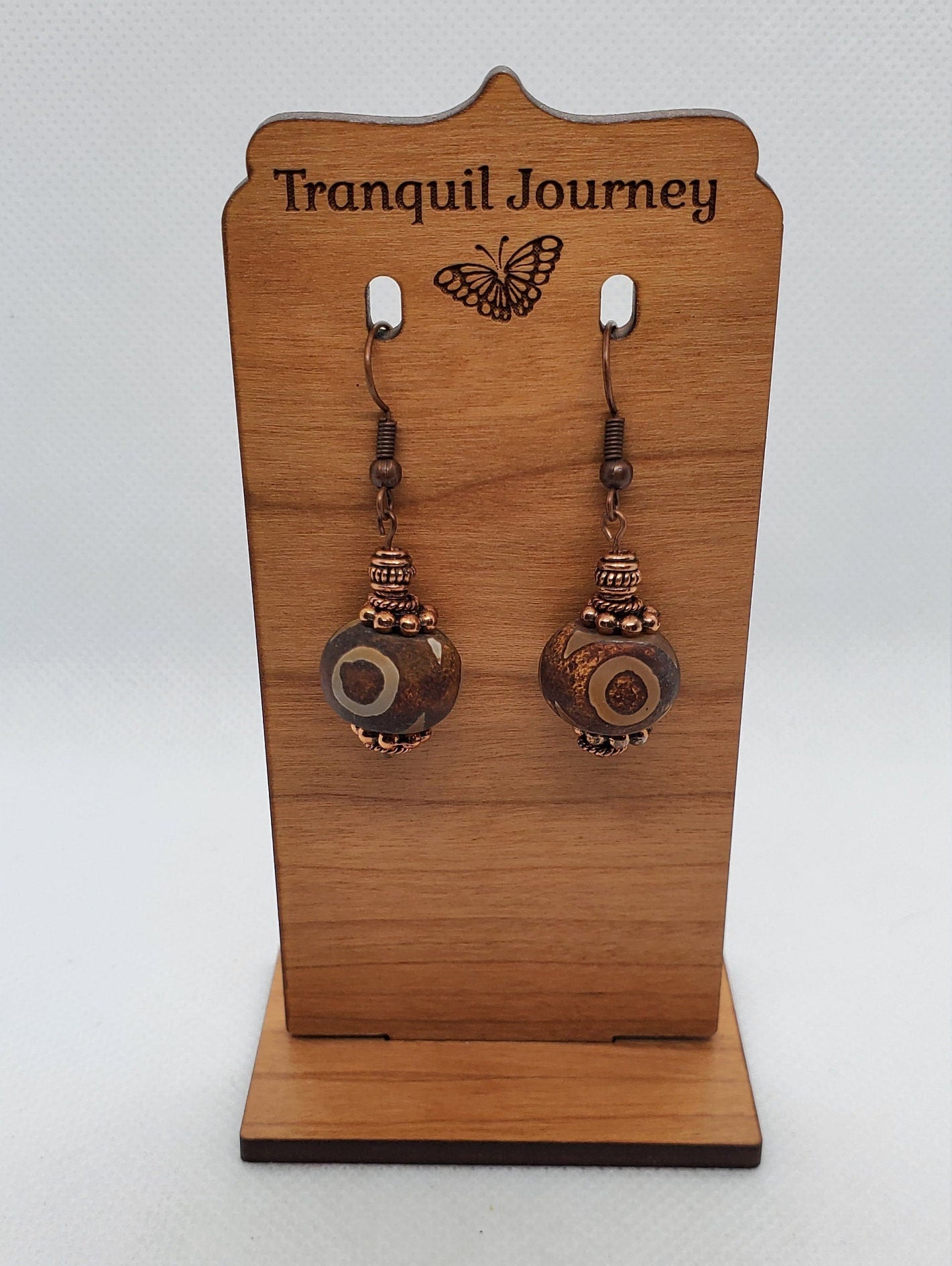 Brown DZI Agate 10x13mm Earrings, Copper Earring Wire