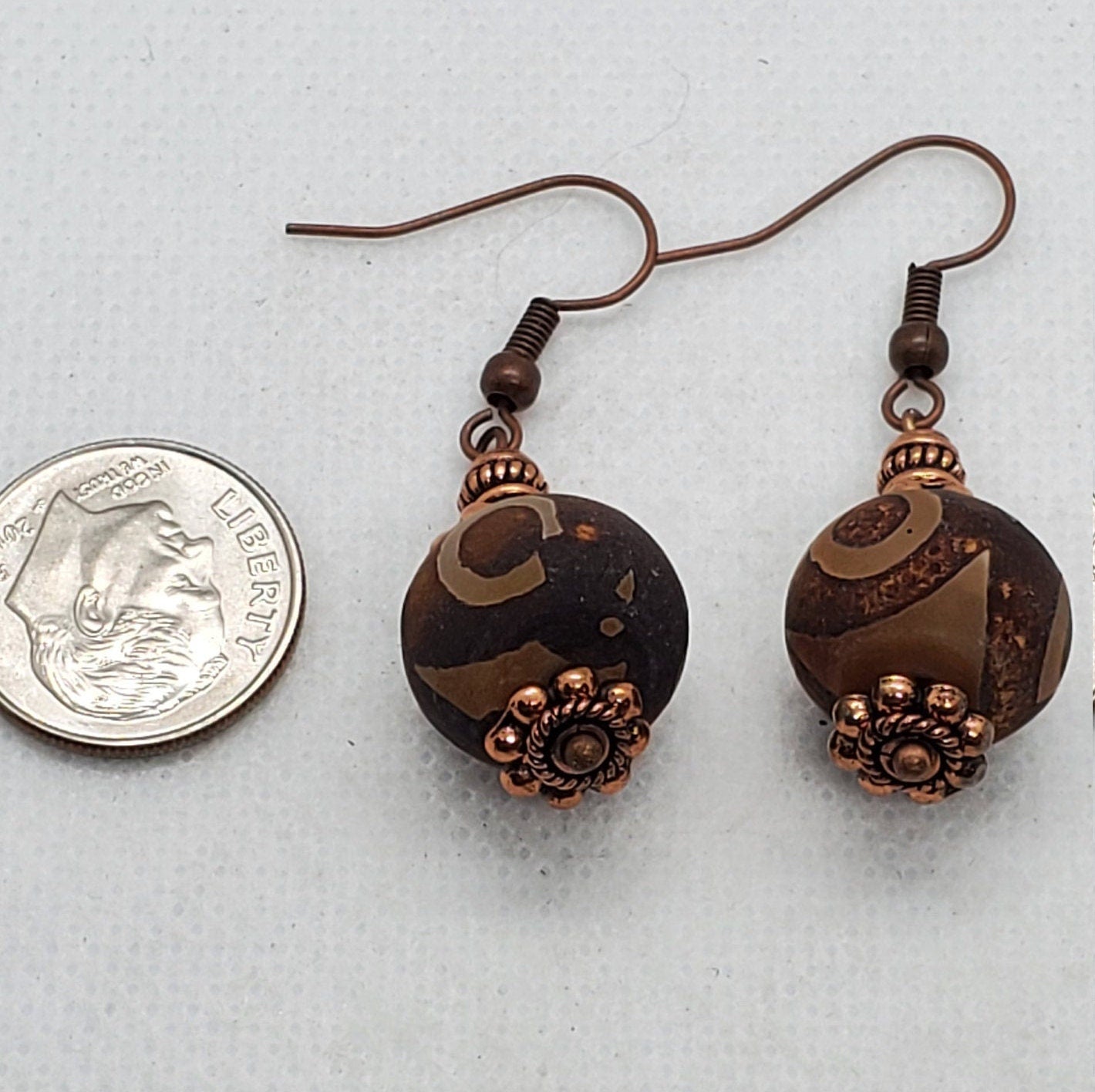 Brown DZI Agate 10x13mm Earrings, Copper Earring Wire