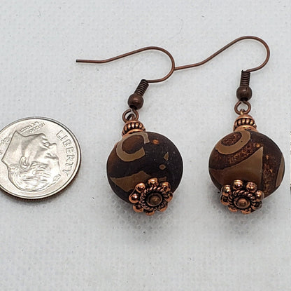 Brown DZI Agate 10x13mm Earrings, Copper Earring Wire