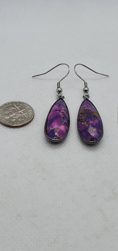 Purple Copper Turquoise 11x34mm Earrings, Stainless Steel Earring Wire