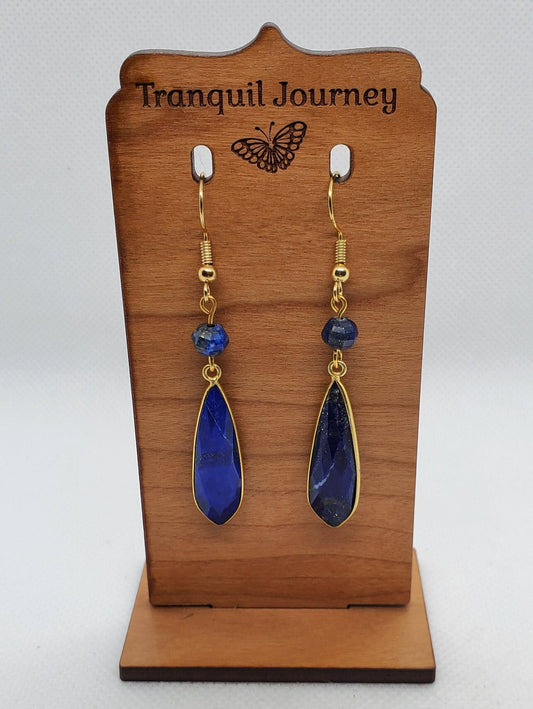 Lapis 10x32 mm Earrings, Gold Plated Earring Wire