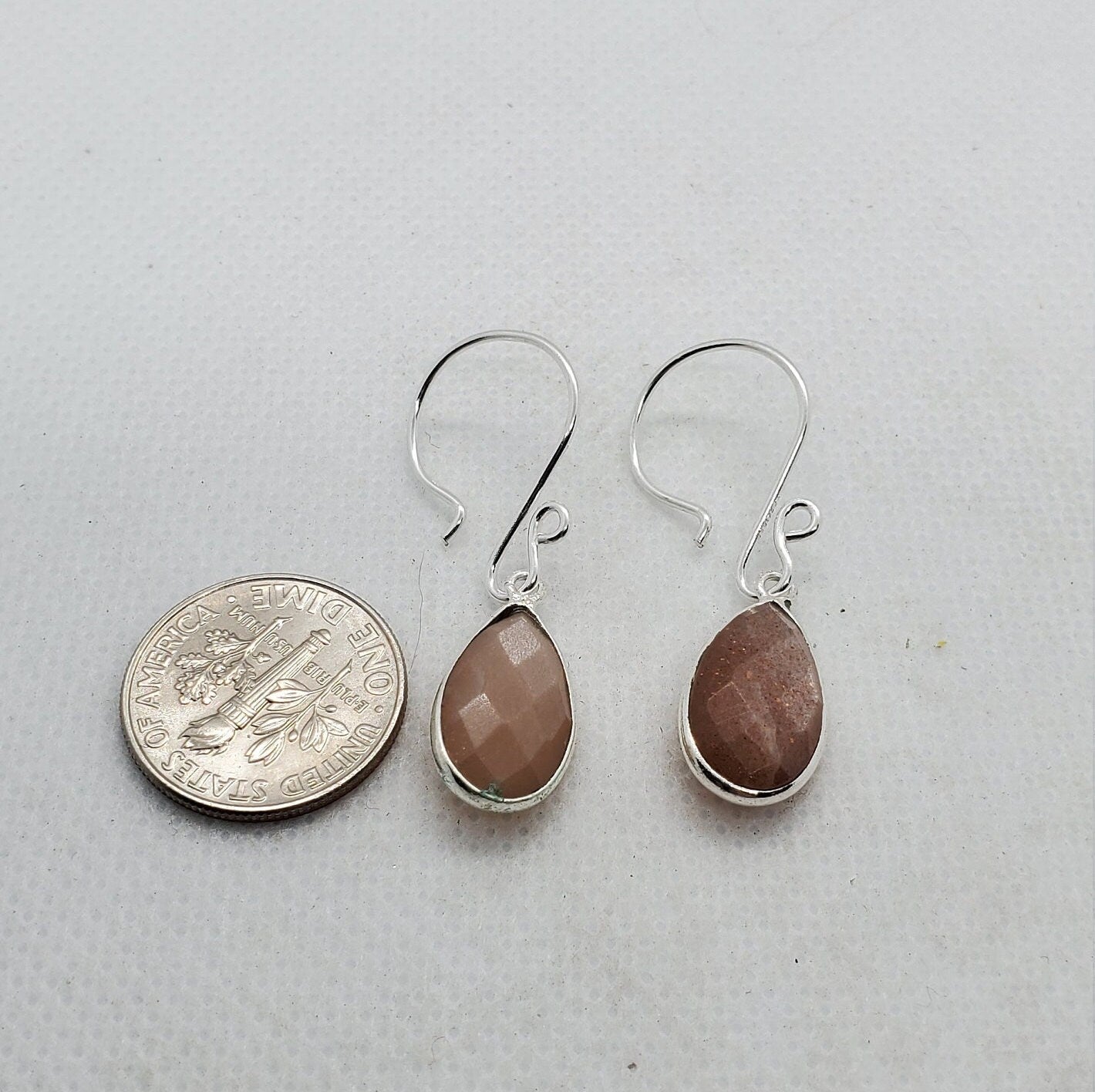 Peach Moonstone 9x18mm Earrings, Silver Filled Earring Wire