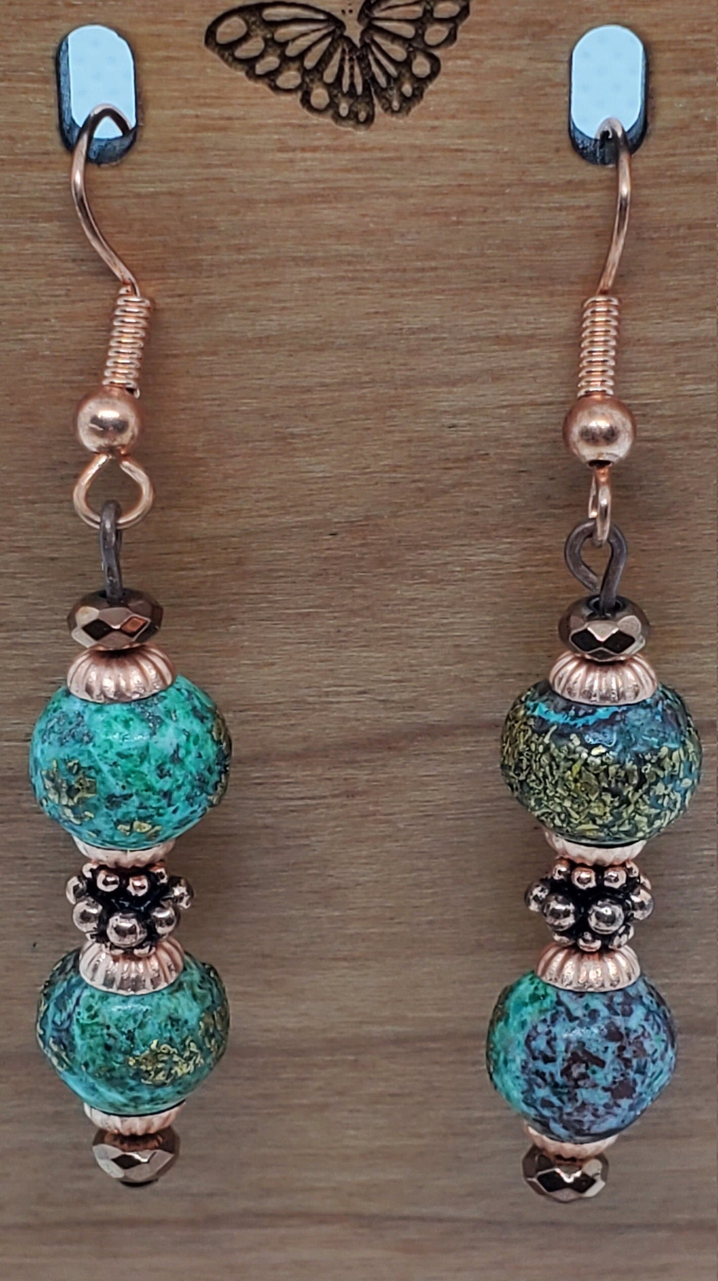 Chrysocolla Copper Infused Earrings, Copper Earring Wire 8 mm