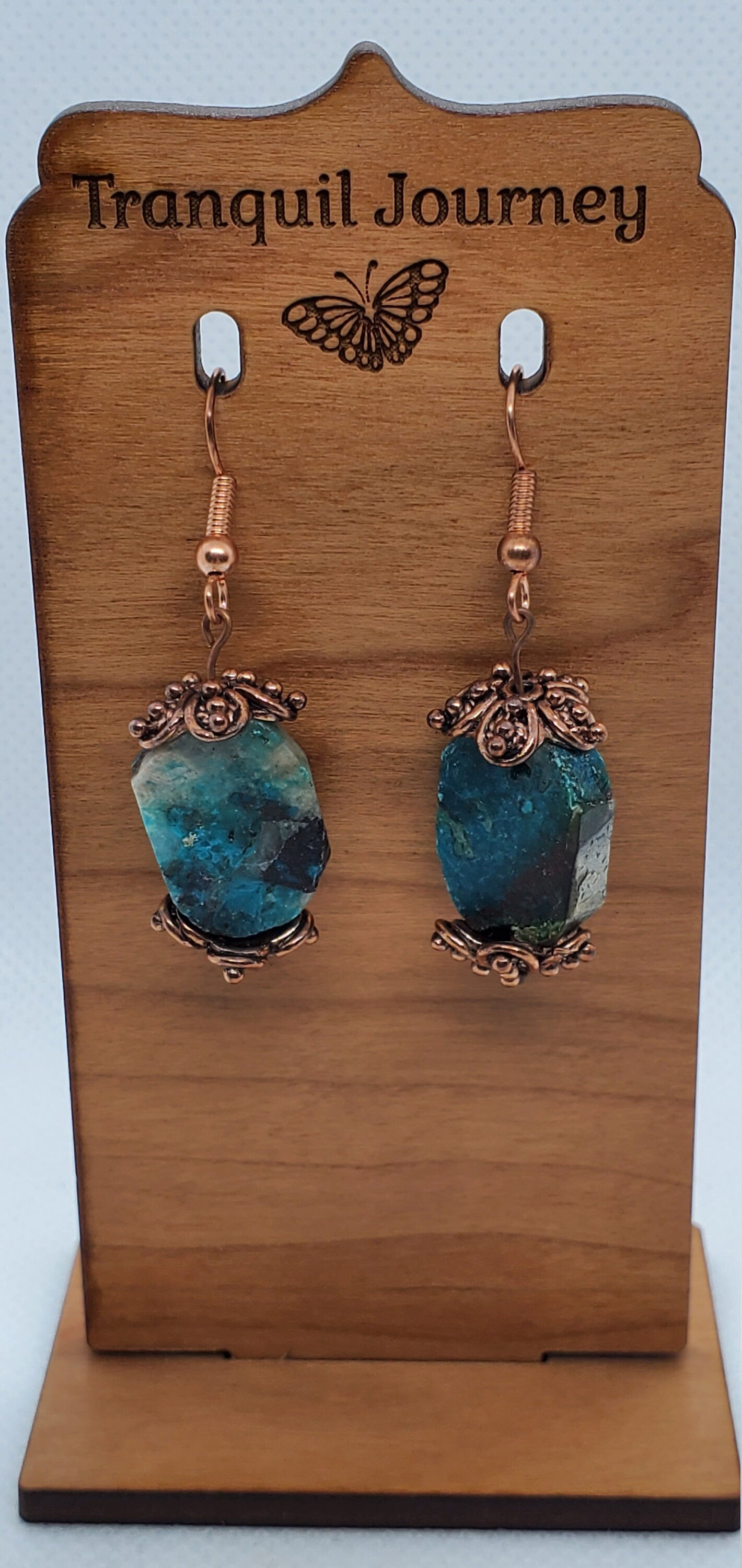 Chrysocolla 15x20mm Earrings, Copper Earring Wire