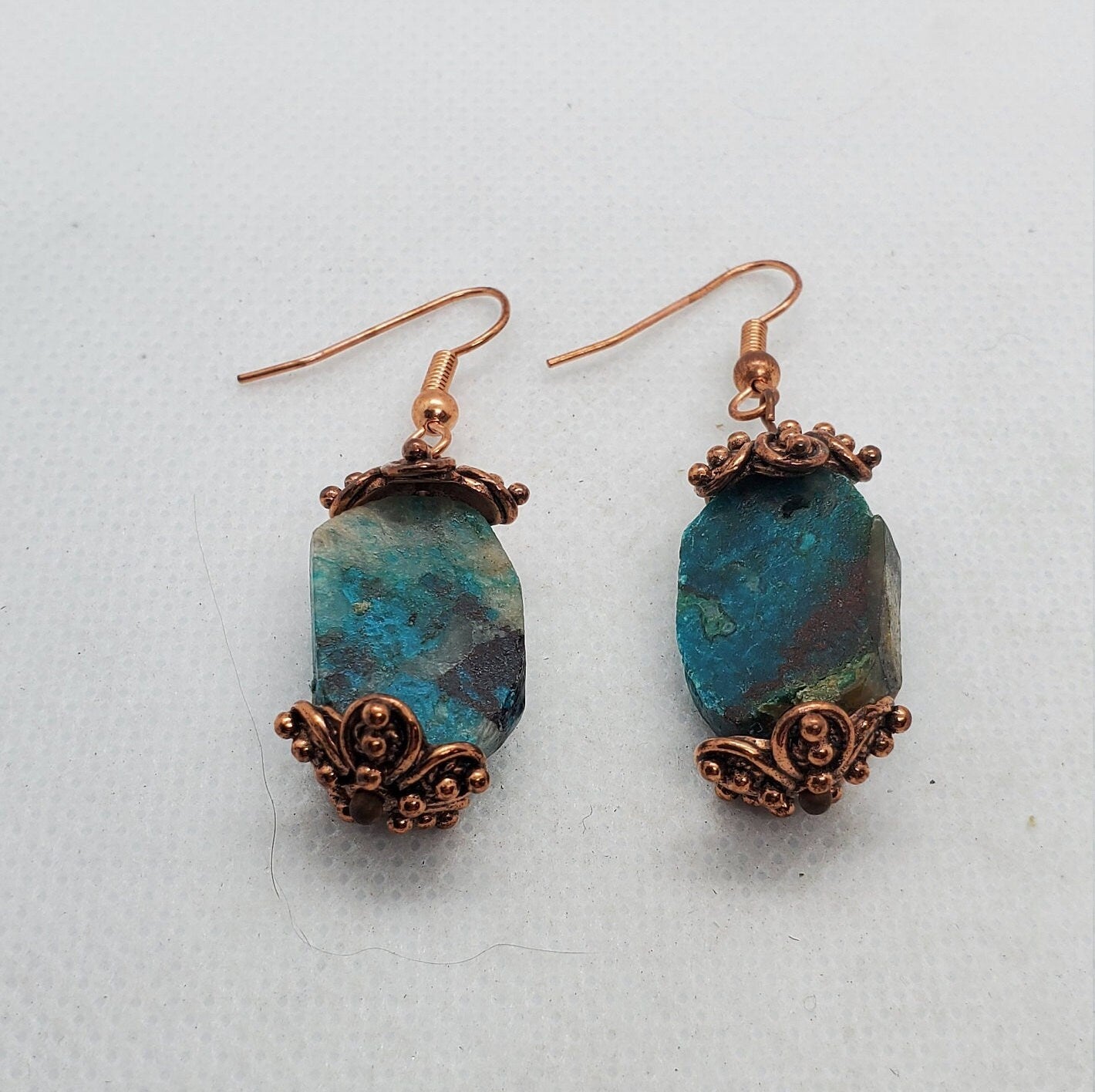 Chrysocolla 15x20mm Earrings, Copper Earring Wire