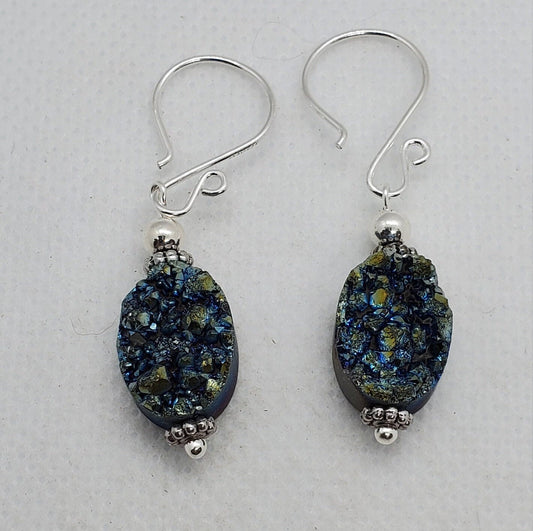 Green Druzy Agate 10x14mm Earrings, Silver Filled Earring Wire