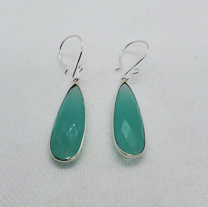 Aqua Chalcedony 12x34 mm Earrings, Silver Filled Earring Wire