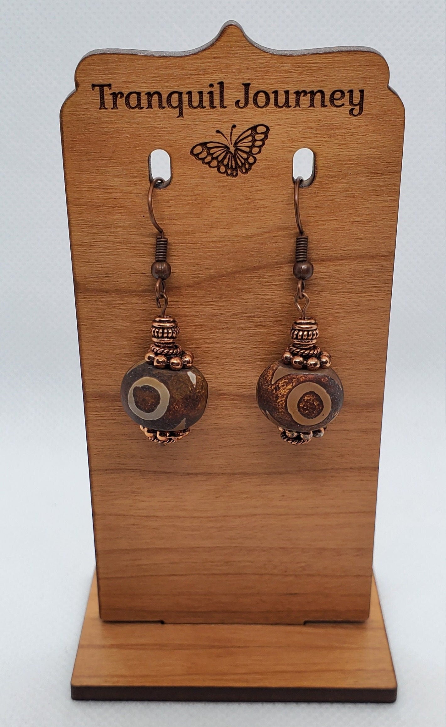 Brown DZI Agate 10x13mm Earrings, Copper Earring Wire