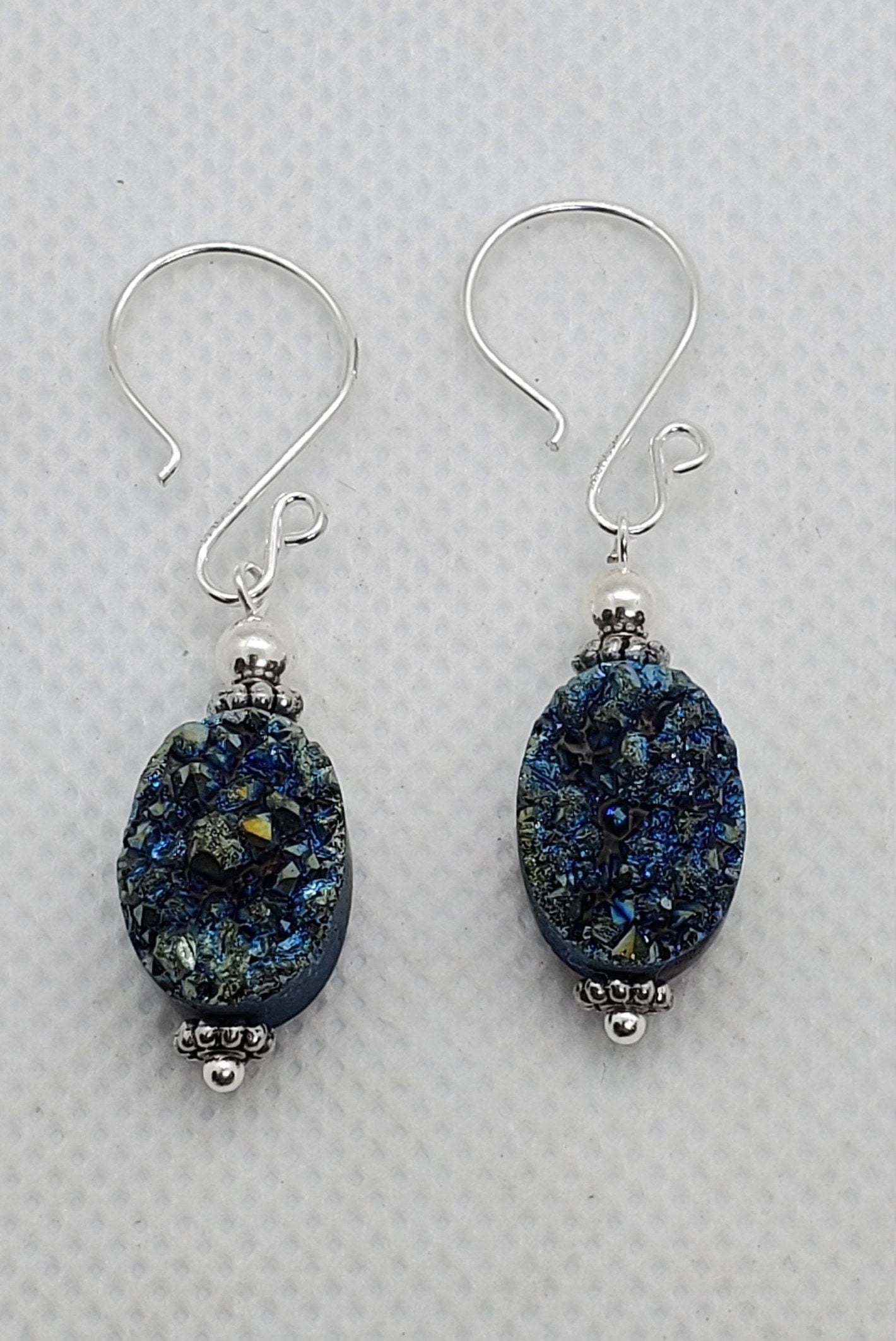 Green Druzy Agate 10x14mm Earrings, Silver Filled Earring Wire