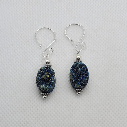 Green Druzy Agate 10x14mm Earrings, Silver Filled Earring Wire