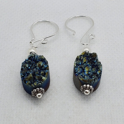 Green Druzy Agate 10x14mm Earrings, Silver Filled Earring Wire