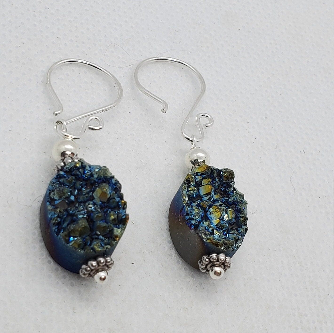 Green Druzy Agate 10x14mm Earrings, Silver Filled Earring Wire