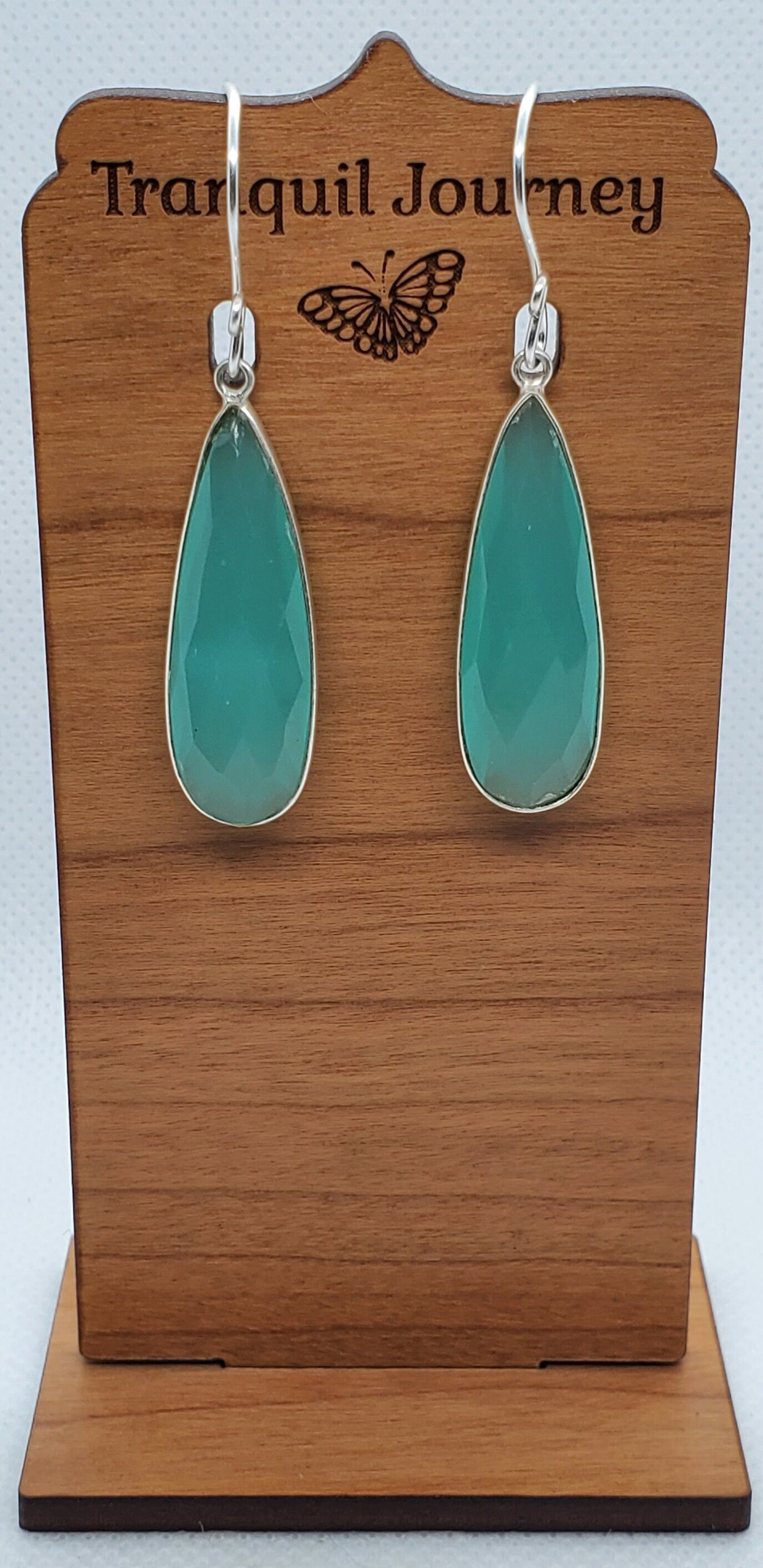 Aqua Chalcedony 12x34 mm Earrings, Silver Filled Earring Wire