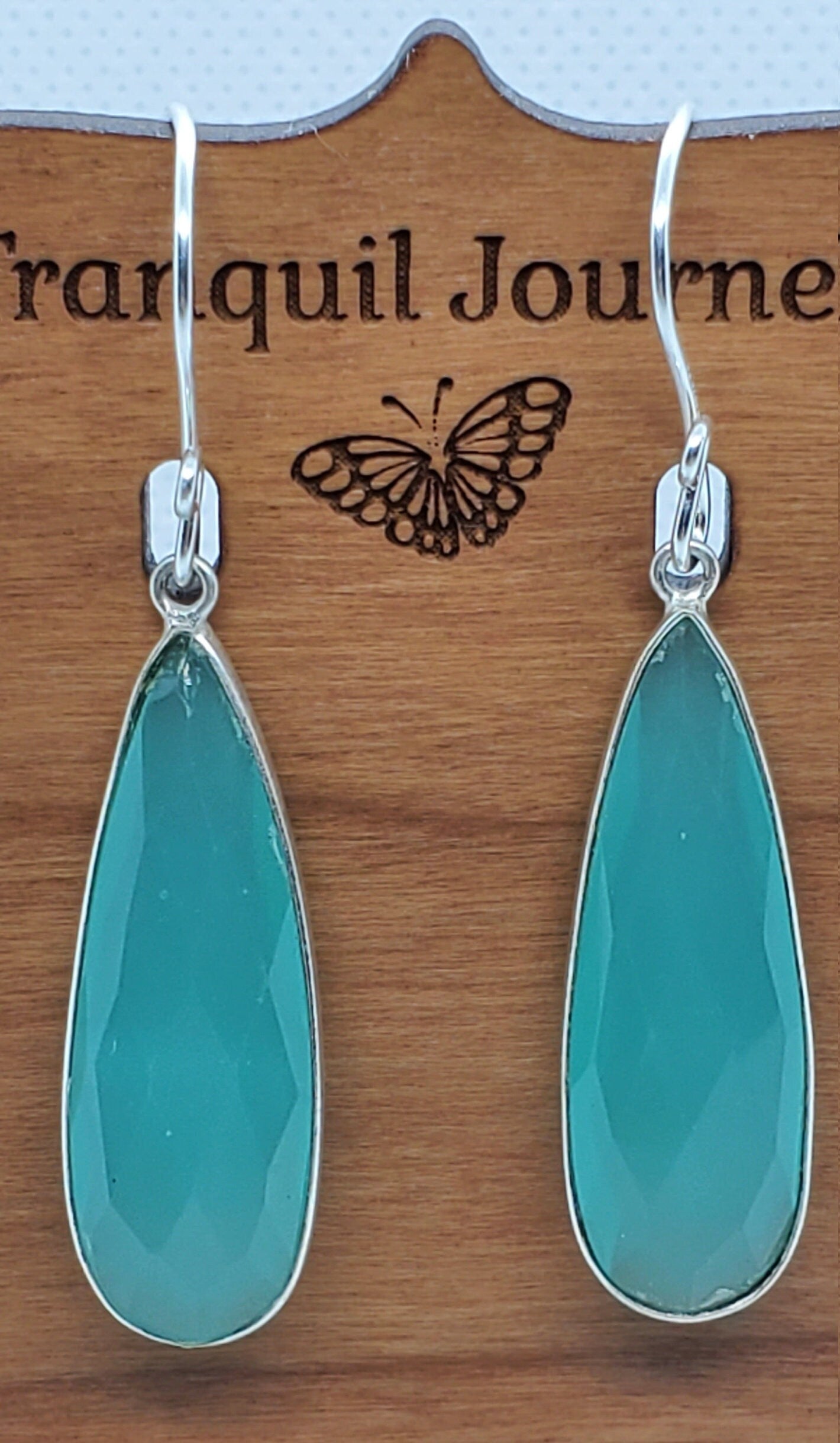 Aqua Chalcedony 12x34 mm Earrings, Silver Filled Earring Wire