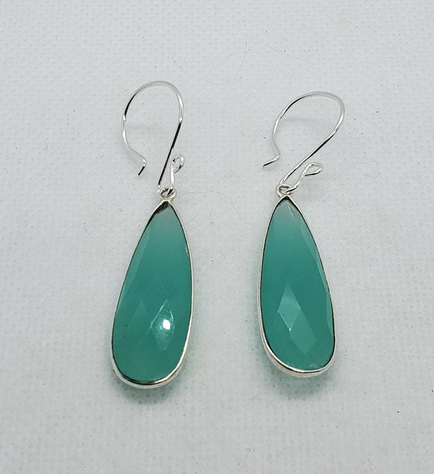 Aqua Chalcedony 12x34 mm Earrings, Silver Filled Earring Wire