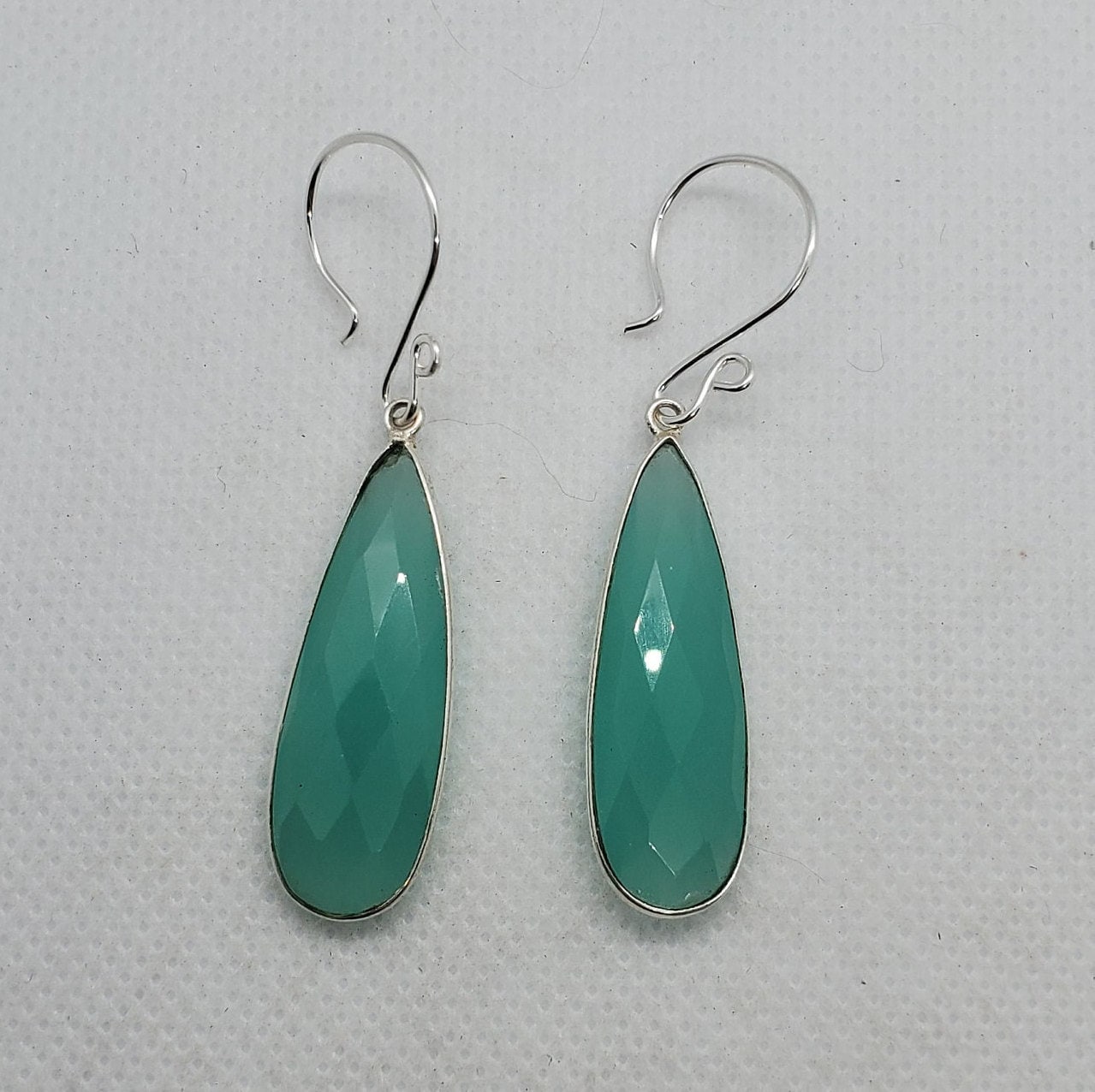 Aqua Chalcedony 12x34 mm Earrings, Silver Filled Earring Wire