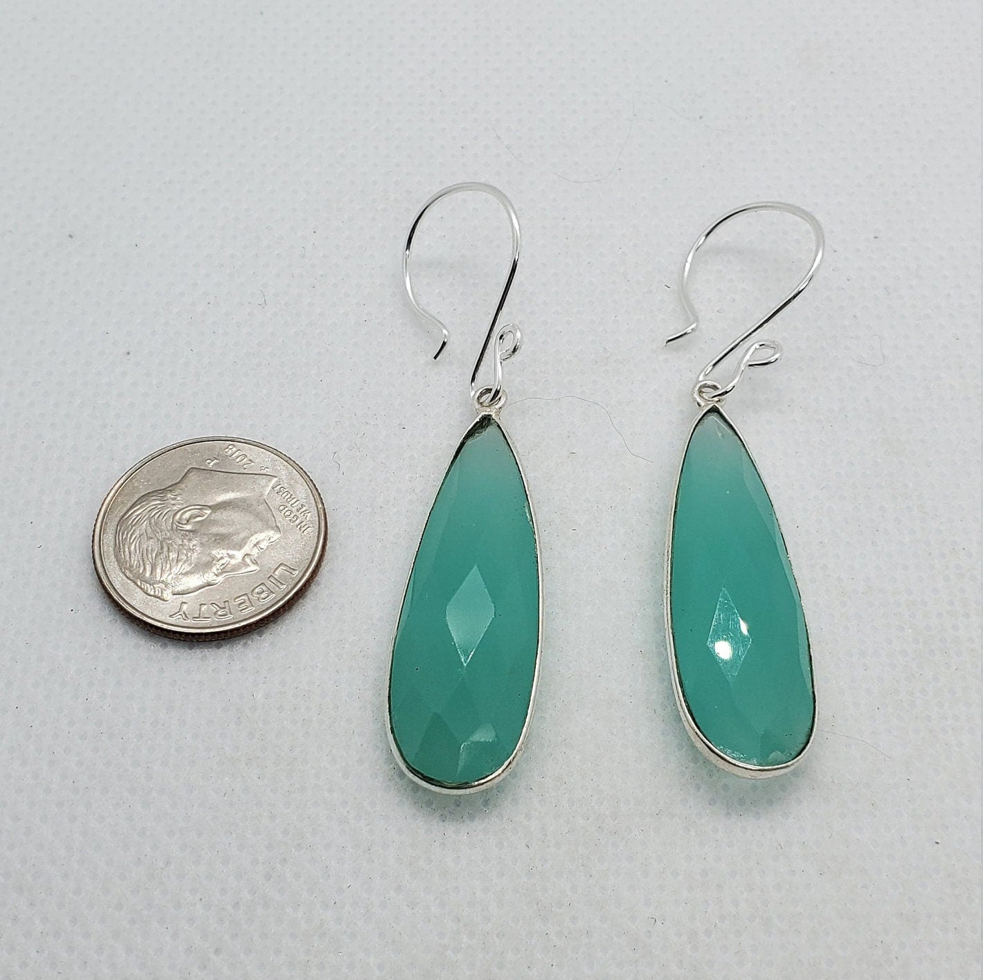 Aqua Chalcedony 12x34 mm Earrings, Silver Filled Earring Wire