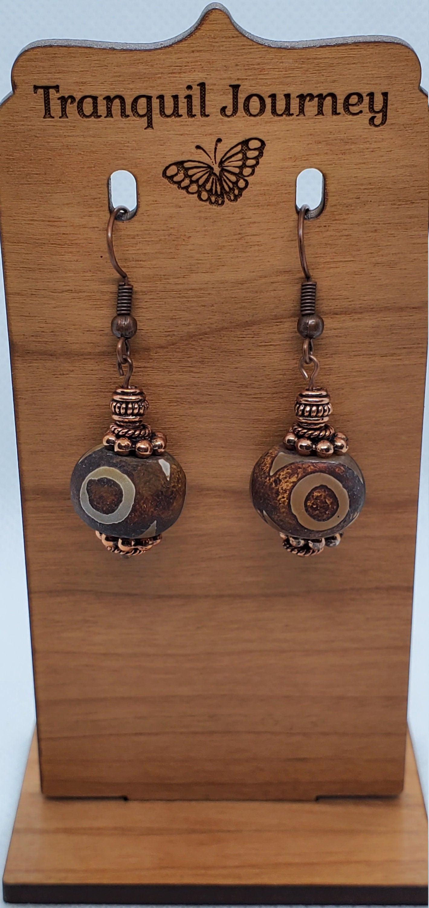 Brown DZI Agate 10x13mm Earrings, Copper Earring Wire