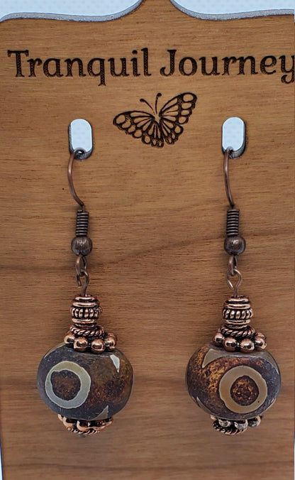 Brown DZI Agate 10x13mm Earrings, Copper Earring Wire