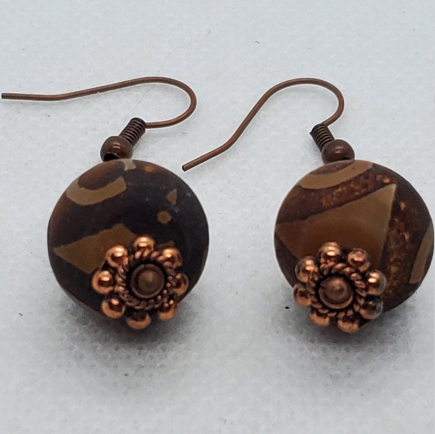 Brown DZI Agate 10x13mm Earrings, Copper Earring Wire